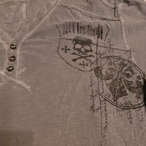 Men's Affliction Henley Large Gray And Black 3 Button Short Sleeve Shirt